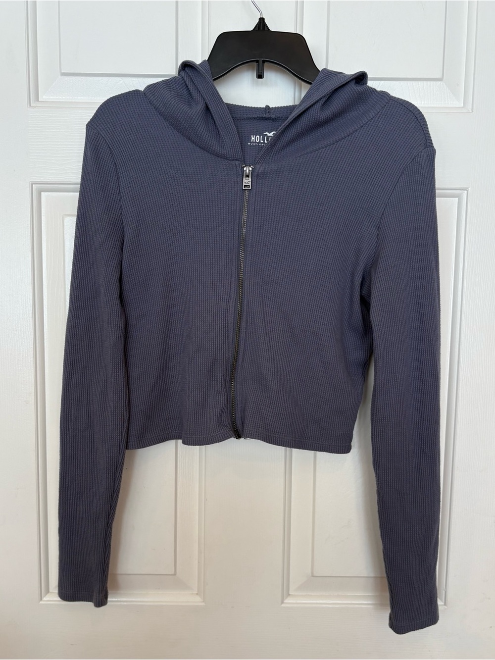 Hollister Waffle Knit Cropped Zip Hoodie Women’s M GrayY2K Fitted Thermal